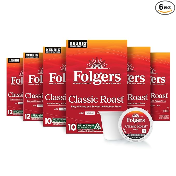 Folgers Classic Roast Coffee, Medium Roast, Keurig K-Cup Pods, 10 Count Box (Pack of 6)