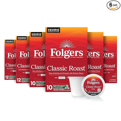 Folgers Classic Roast Coffee, Medium Roast, Keurig K-Cup Pods, 10 Count Box (Pack of 6)