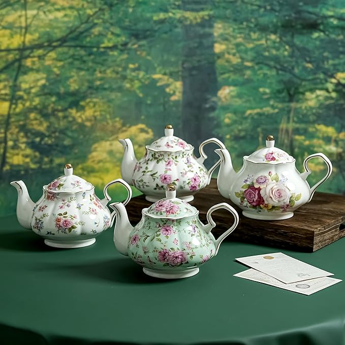 Flower Ceramic Teapot,22oz Porcelain Tea pot for Tea Coffee Milk for Office Home Men Women as Gift (Green)
