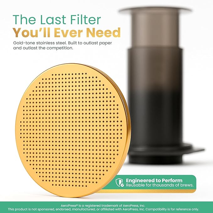 Gold Reusable Disc Filter Compatible with AeroPress XL Coffee Maker – Titanium-Coated Stainless Steel, Washable, Eco-Friendly, Travel Ready – Fits AeroPress XL Only - By Think Crucial