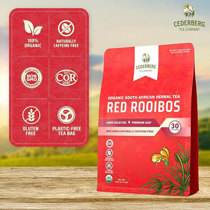 Cederberg Tea Company Red Rooibos Tea Bags USDA Certified South African Organic Herbal Tea, Naturally Caffeine Free Tea, Non-GMO, Premium Leaf, Rich in Antioxidants, 30 Count
