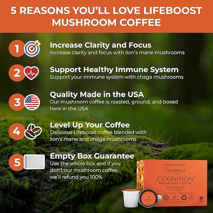 Lifeboost Cognition Decaf Mushroom Coffee Pods – Organic Low Acid Decaf K-Cups with Lion’s Mane & Chaga Adaptogens – Nootropic Coffee for Focus, Energy & Immune Support – 10 Count