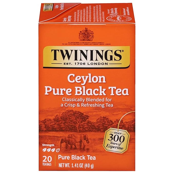 Twinings Ceylon Pure Black Tea Individually Wrapped Bags, 20 Count (Pack of 1), formerly Ceylon Orange Pekoe, Crisp, Refreshing, Caffeinated, Enjoy Hot or Iced, 20 Teabags