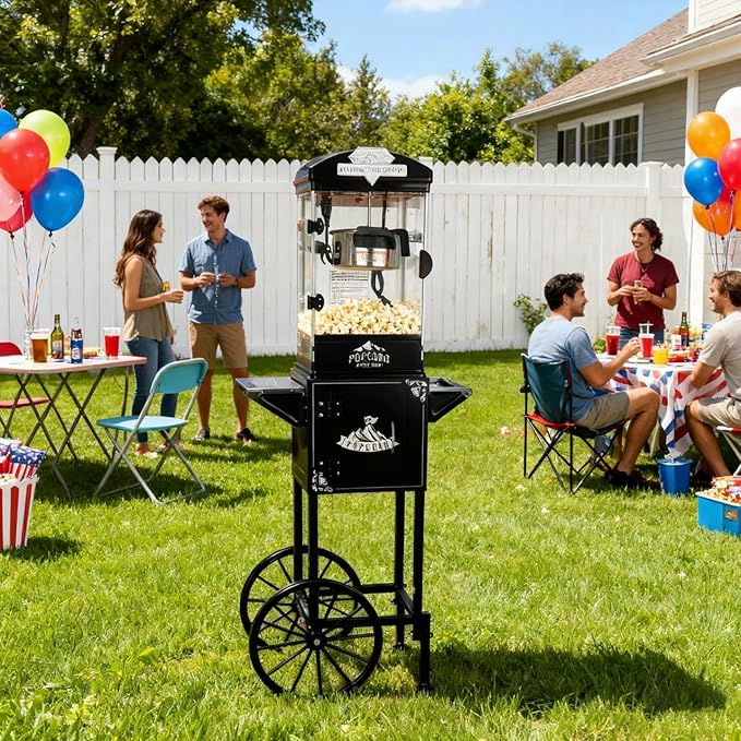 10oz Popcorn Machine with Cart, Wheels & Stainless Steel Kettle, Vintage Movie Theater Style, Popcorn Maker Machine for Parties, Events, Home & Commercial Use, Black