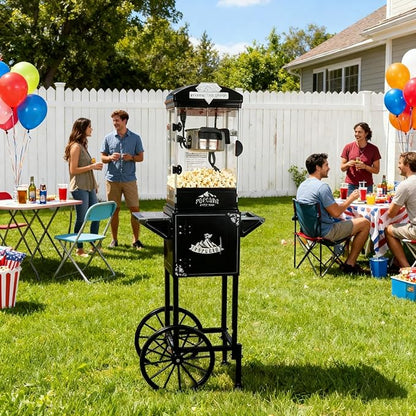 10oz Popcorn Machine with Cart, Wheels & Stainless Steel Kettle, Vintage Movie Theater Style, Popcorn Maker Machine for Parties, Events, Home & Commercial Use, Black