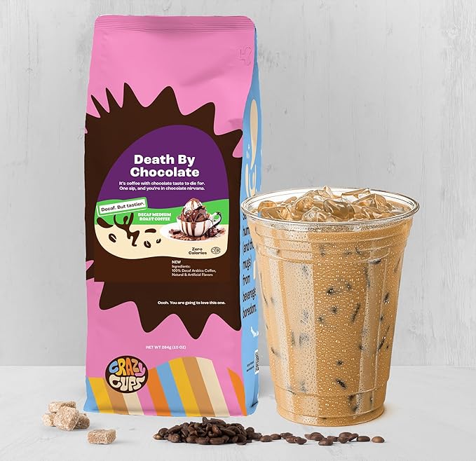 Crazy Cups Decaf Flavored Ground Coffee Variety Pack, Includes Chocolate Hazelnut, French Vanilla and Death by Chocolate, For Brewing Flavored Hot or Iced Decaf Coffee, Variety 3 Pack
