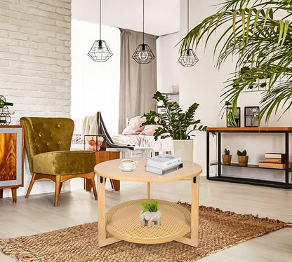 ZYBT Rattan Coffee Tables for Living Room, Small Coffee Table for Small Spaces, Round Coffee Table with Storage, Wooden Circle Center Tea Table