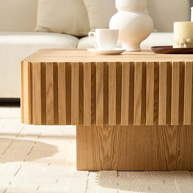 KEVINSPACE Square Wood Coffee Table, Fluted CoffeeTable Handcraft Drum TeaTable CenterTable for Living Room, Modern Wooden CocktailTable for Small Space, Easy Assembly 35.43" 15.75" H ASH