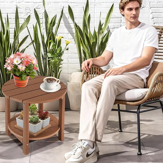 LZRS Round Adirondack Side Table Double End Table, Outdoor Side Tables for Patio, Backyard,Pool, Indoor Companion, Easy Maintenance & Weather Resistant(Brown)