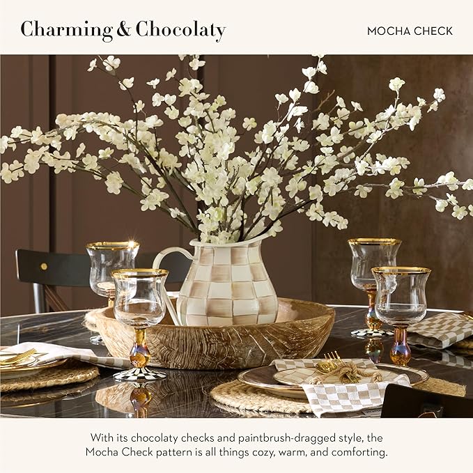 MACKENZIE-CHILDS Enamel Pitcher with Spout for Water, Cut Flowers, and Home Decor, 3 Quarts, Brown-and-White Mocha Check