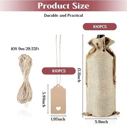 Windyun 100Pcs Burlap Wine Bags Drawstring Wine Bottle Gift Sacks with Tags 5.9 x 13.8 Inch Jute Burlap Plain Wine Bags for Wedding Birthday Blind Tastings Christmas Travel Party (Natural Color)