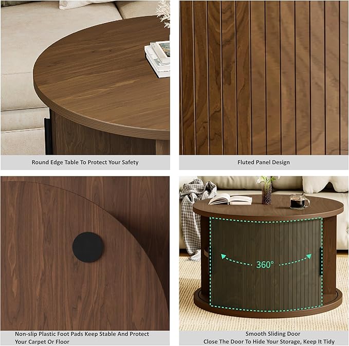 Round Coffee Table, 31.5" Fluted Coffee Table with Storage, Fluted Accent Center Table with Sliding Door, Mid Century Modern Coffee Table for Living Room, Coffee Table Circle Wood，Walnut