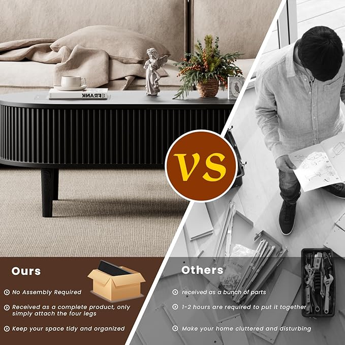 BREEZEHEAT Fluted Lift Top Coffee Table, 39" Black Modern Oval Coffee Table with Storage, Hidden Compartment & Fully Assembled Centre Table, Lift Tabletop for Living Room, Home Office, Small Space