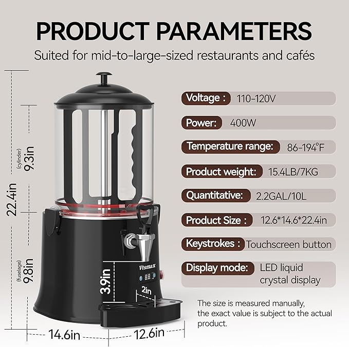 10L/2.6Gal Commercial Hot Chocolate Machine 86-194℉ Intelligent Temperature Control, Hot Beverage Dispenser Maker for Chocolate Drink, Cocoa, Milk, Coffee, Juice