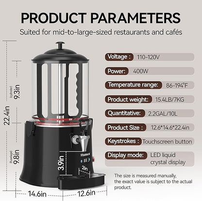 10L/2.6Gal Commercial Hot Chocolate Machine 86-194℉ Intelligent Temperature Control, Hot Beverage Dispenser Maker for Chocolate Drink, Cocoa, Milk, Coffee, Juice