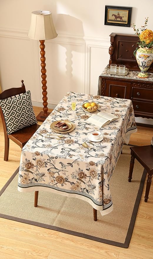 Designer Vintage Linen Extra Long Tablecloth Rectangle,Floral and Bird Pattern Elegant Table Cloth,Fall Wrinkle Resistant Decor Tablecloths for Dining Kitchen Christmas,63"*110"-Murad A