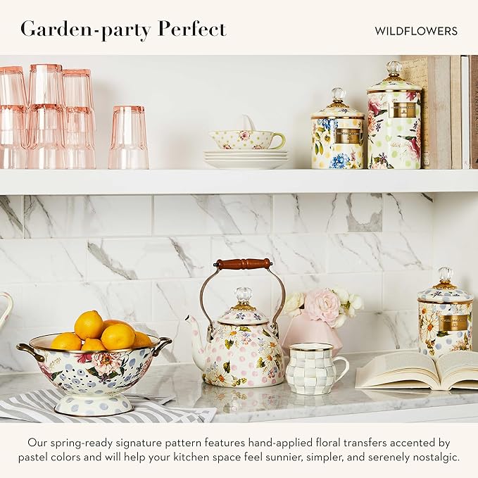 MACKENZIE-CHILDS Enamel Tea Kettle, Cute Kitchen Kettle for Stovetop, 2-Quart Capacity, Pink Wildflowers