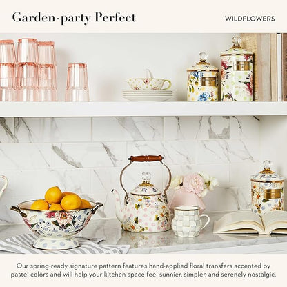 MACKENZIE-CHILDS Enamel Tea Kettle, Cute Kitchen Kettle for Stovetop, 2-Quart Capacity, Pink Wildflowers