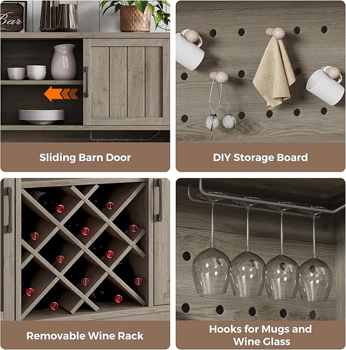 72" Coffee Bar Cabinet with Power Outlet & LED Light, Farmhouse Large Kitchen Hutch with Sliding Barn Door, Tall Bar Cabinets with Storage Drawers & Wine Glass Rack,Pantry China Cabinet for Home,Grey