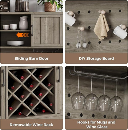 72" Coffee Bar Cabinet with Power Outlet & LED Light, Farmhouse Large Kitchen Hutch with Sliding Barn Door, Tall Bar Cabinets with Storage Drawers & Wine Glass Rack,Pantry China Cabinet for Home,Grey