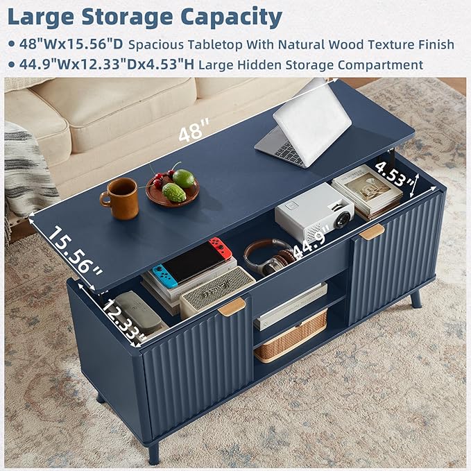 LEYAOYAO 48" Fluted Lift Top Coffee Table with Hidden Storage & Adjustable Shelves, Lifting Tabletop Large Rectangular Coffee Tables, Mid Century Modern Wood Center Table for Living Room, Nave Blue