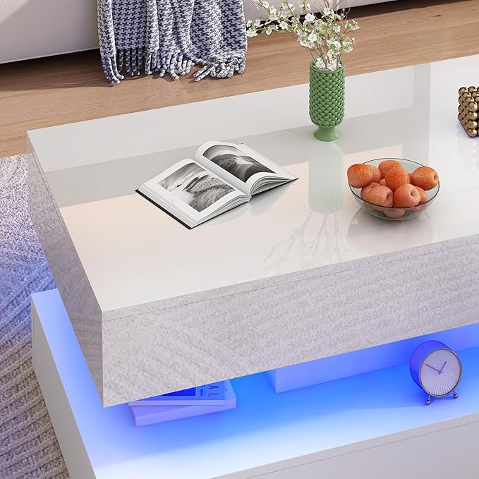 Uspeedy 39.37in Large High Glossy LED Coffee Table with 2 Storage Drawers,Black/White Modern Coffee Tables for Living Room,Living Room Tables,APP LED Lights (White)
