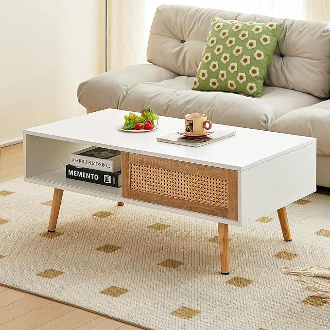 Mid Century Modern Coffee Table with Storage, 41.3 Inch Rectangle Wooden Accent Center Sofa Table with Sliding PE Rattan Woven Door Panel and Solid Wood Legs, Suitable for Living Room, Apartment