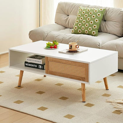 Mid Century Modern Coffee Table with Storage, 41.3 Inch Rectangle Wooden Accent Center Sofa Table with Sliding PE Rattan Woven Door Panel and Solid Wood Legs, Suitable for Living Room, Apartment