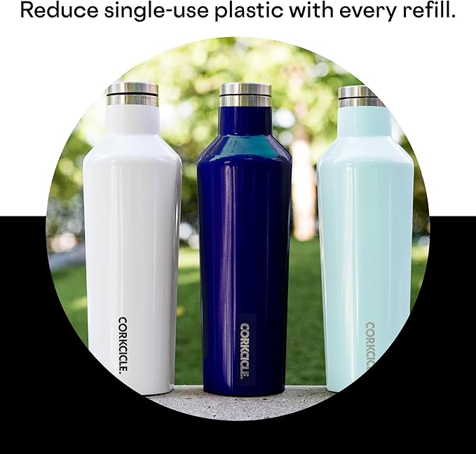 Corkcicle Insulated Water Bottle Thermos, Leakproof, Triple Insulated Stainless Steel, Easy Grip Flat Sides and Screw-on Cap, Cold for 25 Hours or Warm for 12 Hours, 25 oz, Black