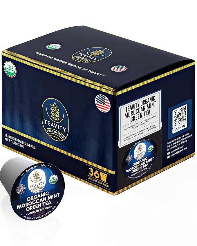 Organic Moroccan Mint Tea and Green Tea Pods for Keurig - Caffeinated Unsweet Tea for K Cup Brewing by Teavity (36 Tea Pods)