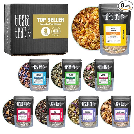 Tiesta Tea - Favorites Starter Sampler Dry Flight Set, Loose Leaf, High to No Caffeine, Makes Hot & Iced, Assorted Tea Sets with Herbal, Black, Fruit Blends & More, 8 Resealable Sample Pouches