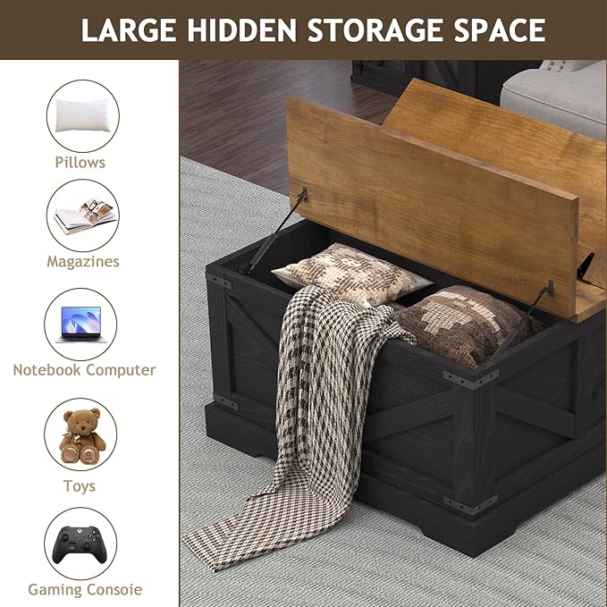 Farmhouse Coffee Table with Hidden Storage Compartment, Black Square Coffee Table for Living Room, Wood Center Table with Hinged Lifting Tabletop for Home