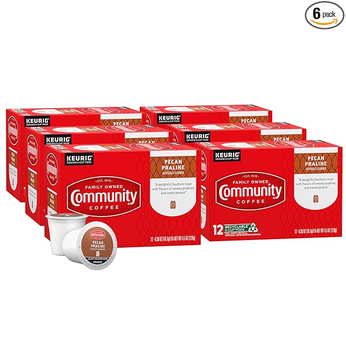 Community Coffee Pecan Praline Flavored 72 Count Coffee Pods, Medium Roast, Compatible with Keurig 2.0 K-Cup Brewers, 12 Count (Pack of 6)