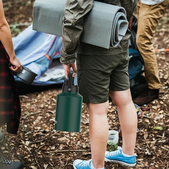 Half Gallon Water Bottle Insulated(Cold for 48 Hrs),BPA Free&Leak Proof,64oz Stainless Steel Water Jug/Flask,Big thermo,Large Water Bottle with Handle for Gym,Hiking,Camping,Dark Green