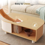 Load image into Gallery viewer, Boho 39.4" Coffee Table with Storage - Leaf-Shaped Wood Center Table, Retro Fluted Central Table with Sliding Door &amp; Large Hidden Compartment, for Living Room Home Office, Oak