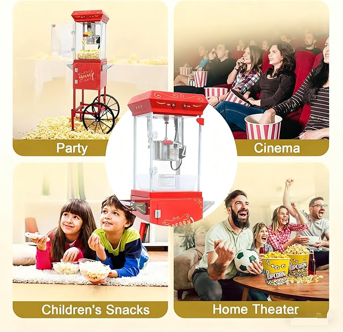 Popcorn Machine with Cart & Wheels - Stainless Steel 8OZ Kettle Pop corn Maker Machine for Home, Theater, Parties Grade Electric Popper, Red