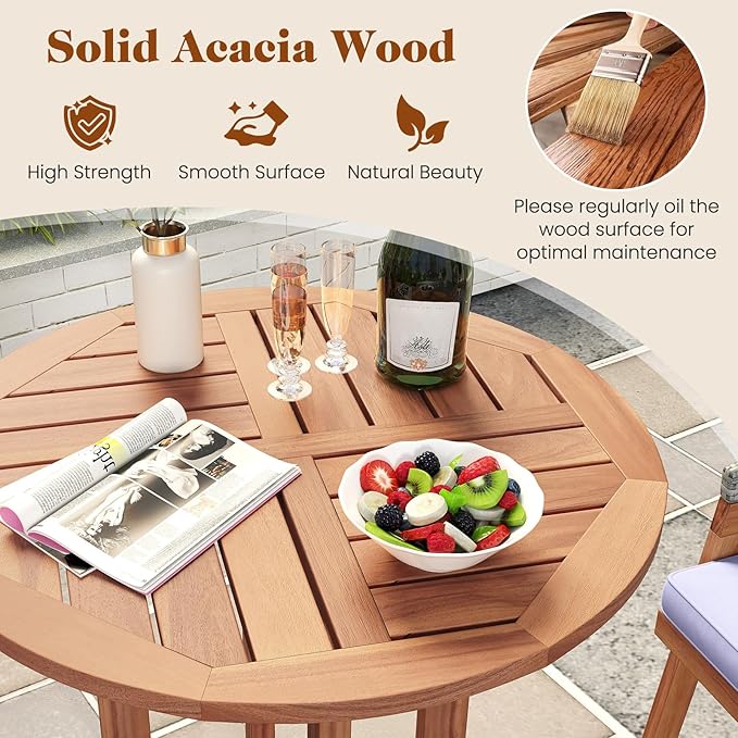 Tangkula Outdoor Acacia Wood Bar Table, 39" Patio Bar Height Round Table with Slatted Tabletop, High Top Bistro Dining Table, Pub Height Round Table for Garden, Deck, Porch and Yard
