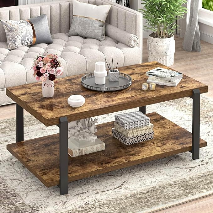 FOLUBAN Modern Coffee Table, Rustic Wood Center Table with Storage for Living Room, Industrial Rectangle 2 Tier Low Cocktail Tea Table, Rustic Brown