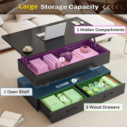 SEDETA 40" Lift Top Coffee Table, Coffee Tables with Storage for Living Room, Small Coffee Table with 2 Drawers & LED Light for Dining Reception Room, Black