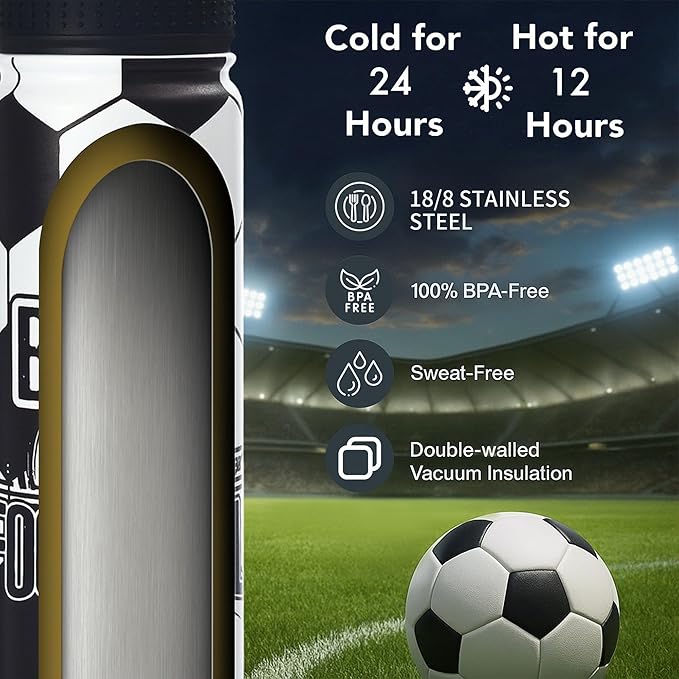 Soccer Water Bottle, 24 oz Insulated Stainless Steel Sports Bottle with Straw, Soccer Stuff Gifts for Boys