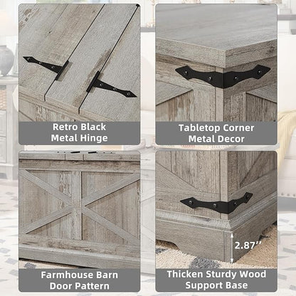 Farmhouse Coffee Table with Large Hidden Storage Compartment, Light Oak Square Center Table, Wood Rustic Low Modern Living Room Tables with Hinged Lift Brown Top & Wooden Arc Base