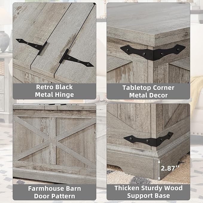 Farmhouse Coffee Table with Large Hidden Storage Compartment, Light Oak Square Center Table, Wood Rustic Low Modern Living Room Tables with Hinged Lift Brown Top & Wooden Arc Base