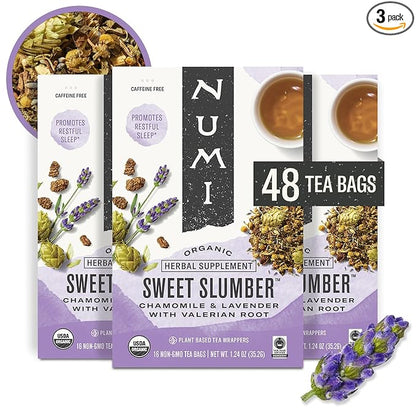 Numi Organic Tea Sweet Slumber, Valerian Root, Chamomile & Lavender Sleep Tea, 16 Tea Bags (Pack of 3), Packaging May Vary