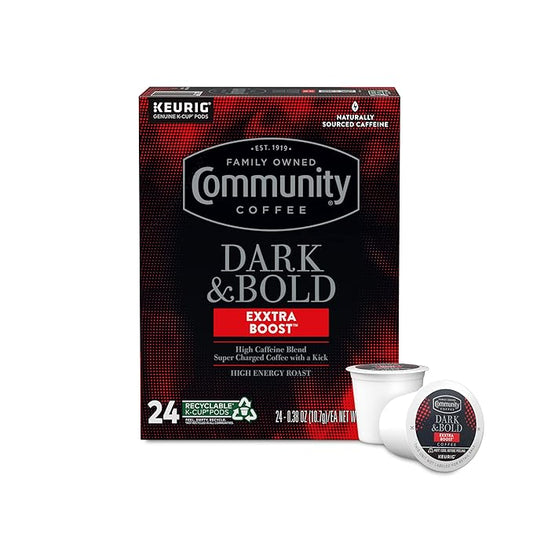 Community Coffee Dark & Bold Exxtra Boost 24 Count Coffee Pods, Compatible with Keurig 2.0 K-Cup Brewers, 24 Count (Pack of 1)