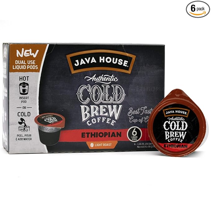JAVA HOUSE Light Roast Ethiopian Cold Brew Pods, (6 Count) Peel and Pour Pods Hot or Iced Instant Coffee Concentrate