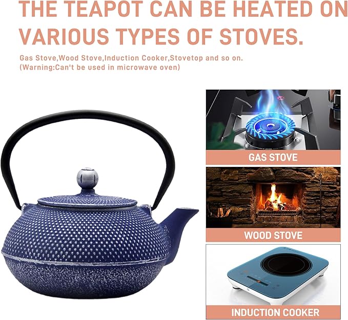 Cast Iron Teapot Tea Kettle with Stainless Steel Infuser for Stovetop Safe Coated with Enameled Interior Japanese Dark Blue Tetsubin for Loose Tea(30.4oz/900ml)