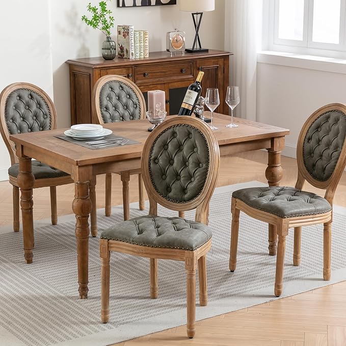 Vintage French Country Dining Chairs Set of 6, PU Leather Dining Chairs with Solid Wood Legs, Upholstered Dining Chair, Sillas para Comedor, Kitchen & Dining Room Chair (Olive Green, PU, 6Pcs)
