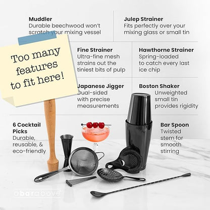 A Bar Above 14-Piece Stainless Steel Bartender Kit, Premium Professional Barware Set for Home Bars and Mixologists, Includes Cocktail Shaker, Jigger, Spoon, Strainers, Muddler, Picks, and More