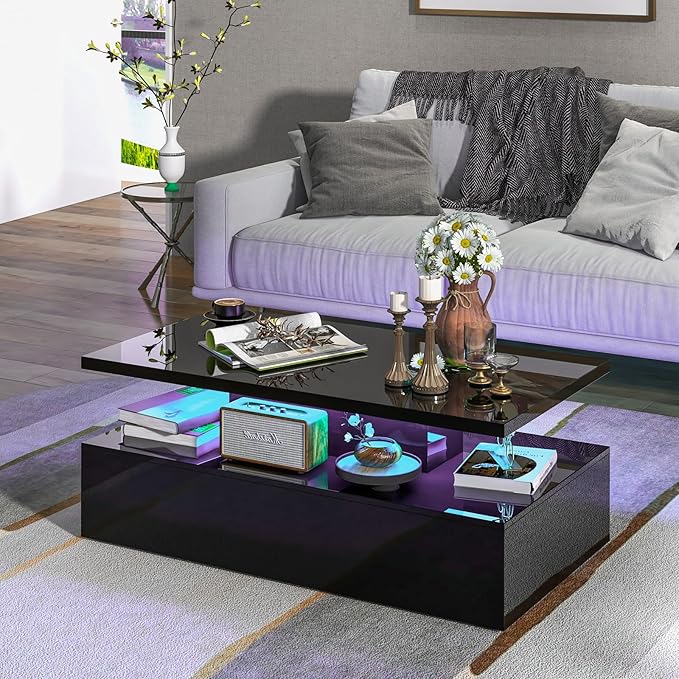 Tangkula LED Coffee Table, Modern High Gloss Coffee Table w/ 20-Color LED Lights, Adjustable Speed & Brightness, Remote Control, Open Shelf, 2-Tier Rectangle Living Room Center Table (Black)