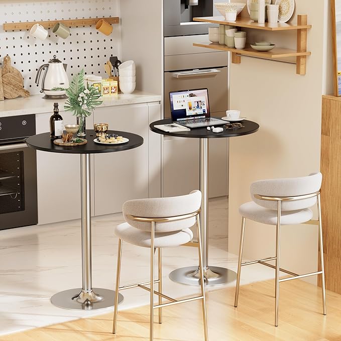 Shahoo Round Bar Table, Cocktail Tables with Metal Base & MDF Top, for Bistro Pub, Cafe, Silver and Black